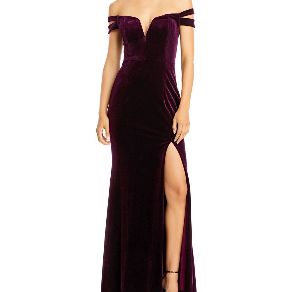 Aqua Formal Purple Off-Shoulder Fluted Velvet Gown Sz12, Winter Wedding Guest